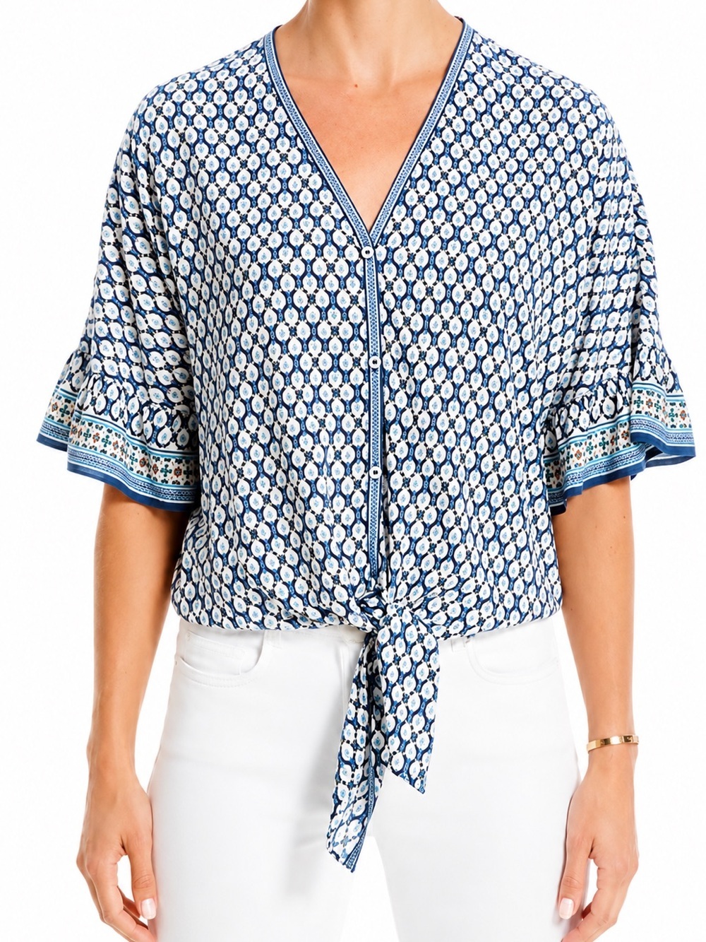 Max Studio Ruffle Sleeve Blue Mosaic Tie-Front Blouse 2X